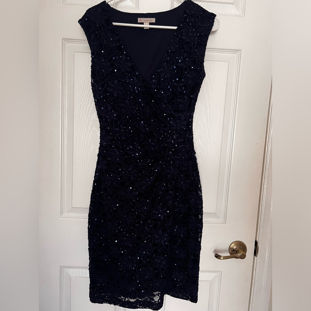 db established 1962 Navy Blue Sequin Lace Sleeveless Cocktail Dress